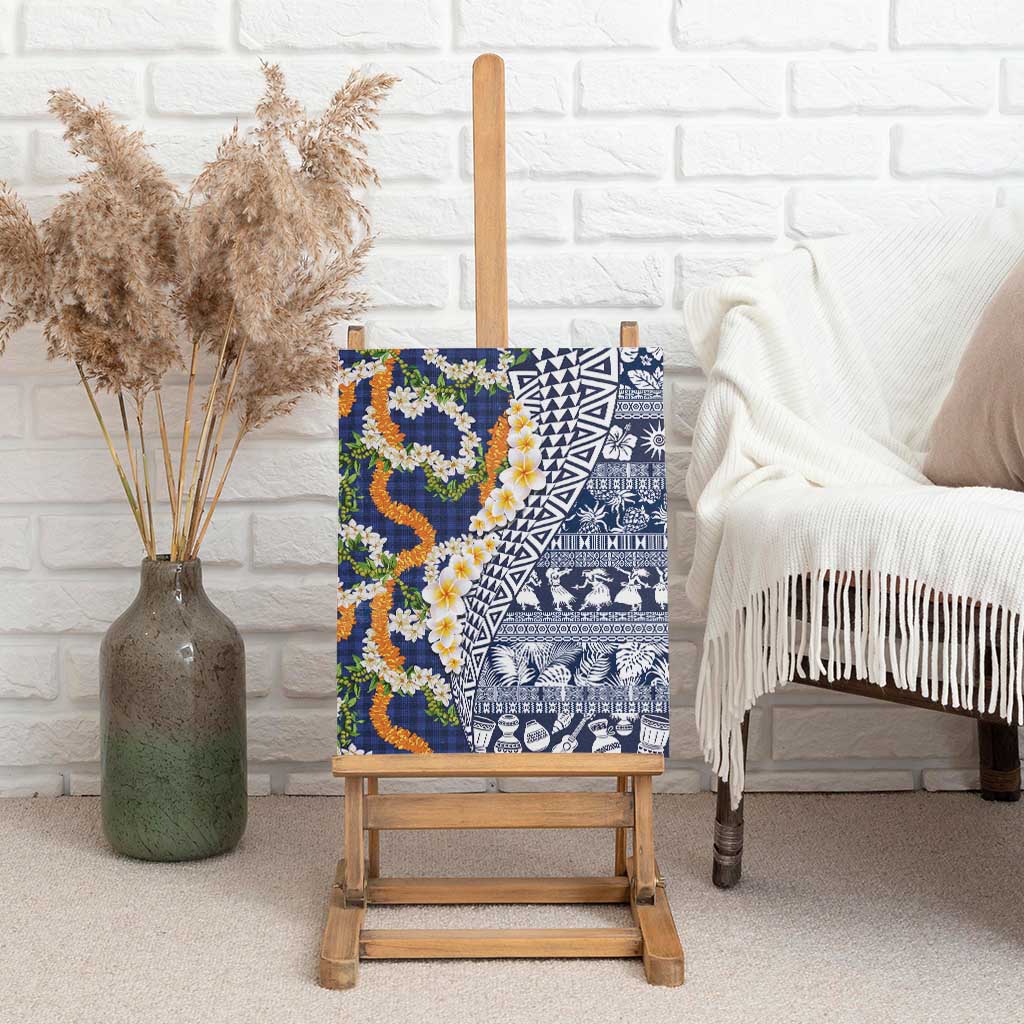 Hawaiian Plumeria Lei Canvas Wall Art Kakau Motifs and Palaka Half Style Blue Color LT03 - Polynesian Pride