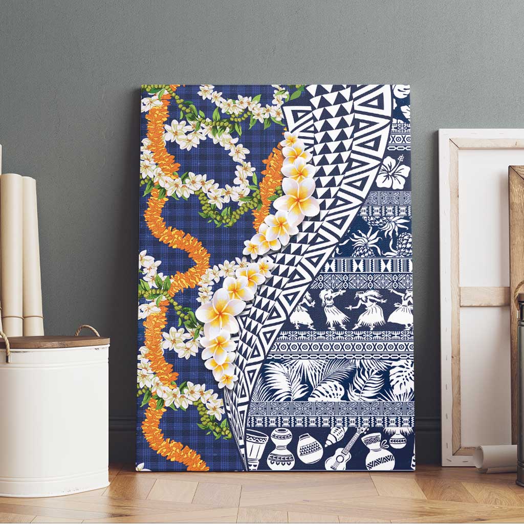 Hawaiian Plumeria Lei Canvas Wall Art Kakau Motifs and Palaka Half Style Blue Color LT03 - Polynesian Pride