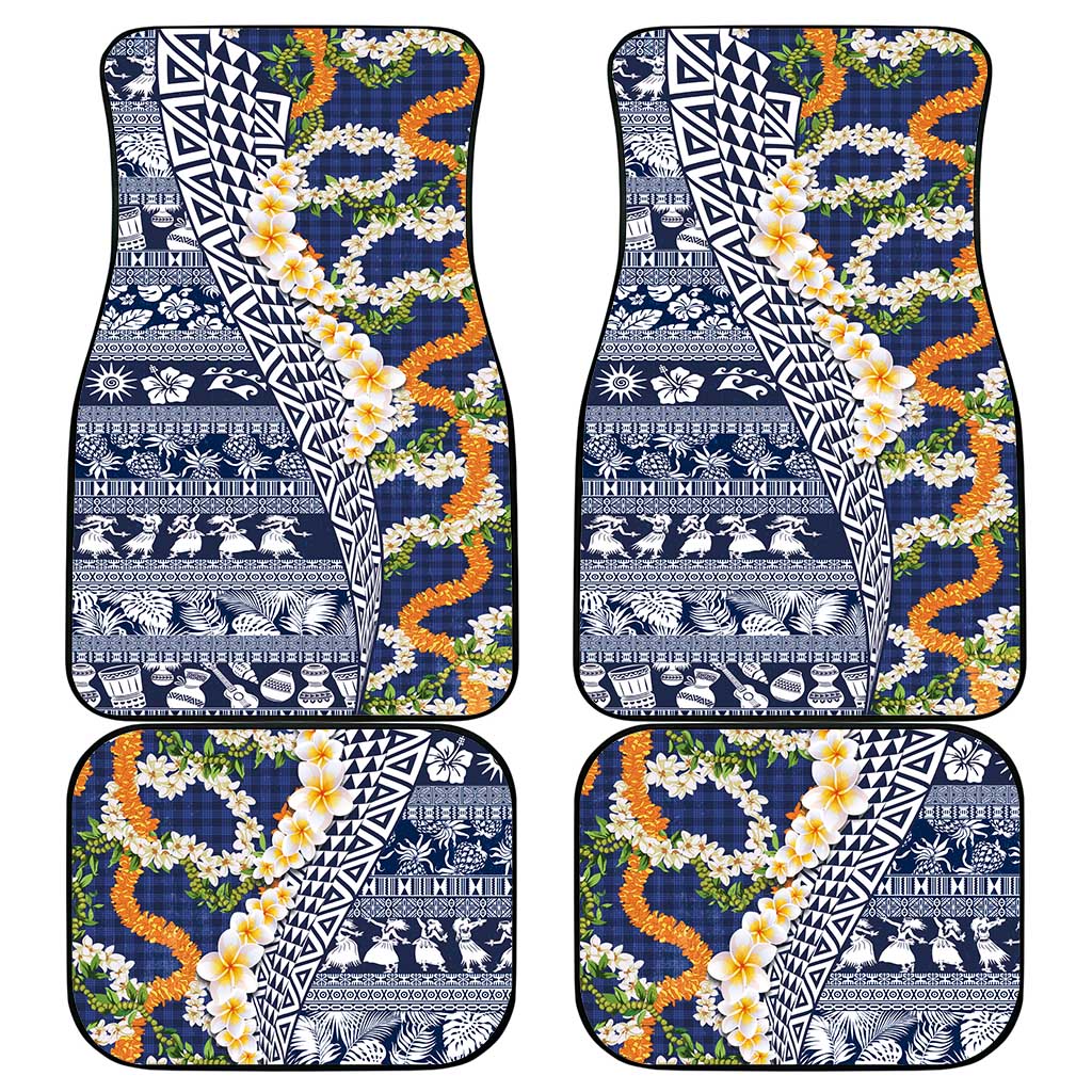Hawaiian Plumeria Lei Car Mats Kakau Motifs and Palaka Half Style Blue Color - Polynesian Pride
