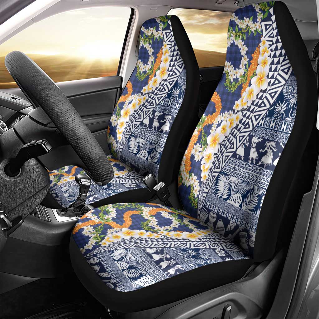 Hawaiian Plumeria Lei Car Seat Cover Kakau Motifs and Palaka Half Style Blue Color - Polynesian Pride
