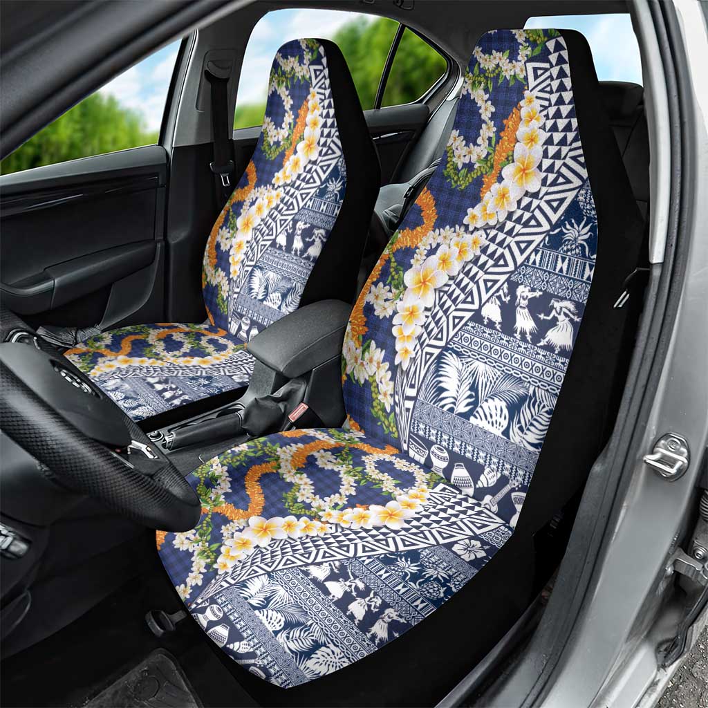 Hawaiian Plumeria Lei Car Seat Cover Kakau Motifs and Palaka Half Style Blue Color - Polynesian Pride