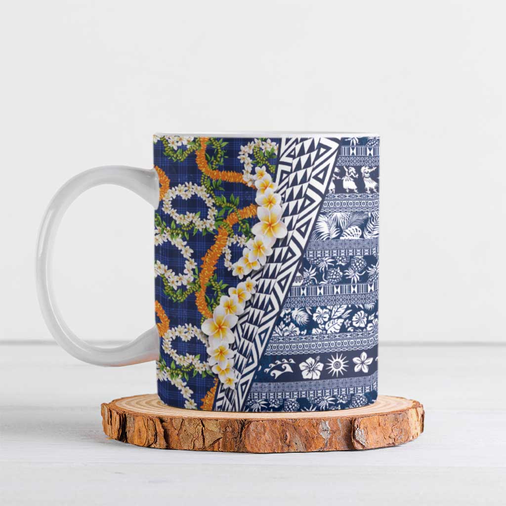 Hawaiian Plumeria Lei Ceramic Mug Kakau Motifs and Palaka Half Style Blue Color LT03 Blue - Polynesian Pride