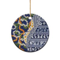 Hawaiian Plumeria Lei Ceramic Ornament Kakau Motifs and Palaka Half Style Blue Color - Polynesian Pride
