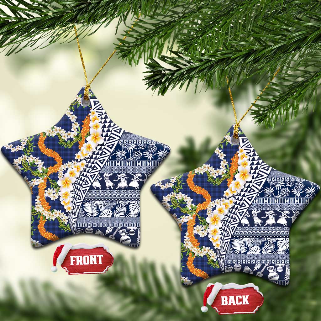 Hawaiian Plumeria Lei Ceramic Ornament Kakau Motifs and Palaka Half Style Blue Color - Polynesian Pride