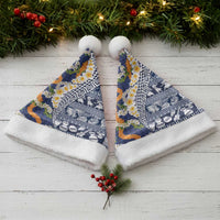 Hawaiian Plumeria Lei Christmas Santa Hat Kakau Motifs and Palaka Half Style Blue Color - Polynesian Pride