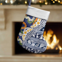 Hawaiian Plumeria Lei Christmas Stocking Kakau Motifs and Palaka Half Style Blue Color LT03 Set of 2 Blue - Polynesian Pride