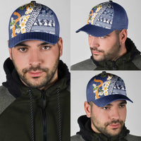 Hawaiian Plumeria Lei Classic Cap Kakau Motifs and Palaka Half Style Blue Color - Polynesian Pride