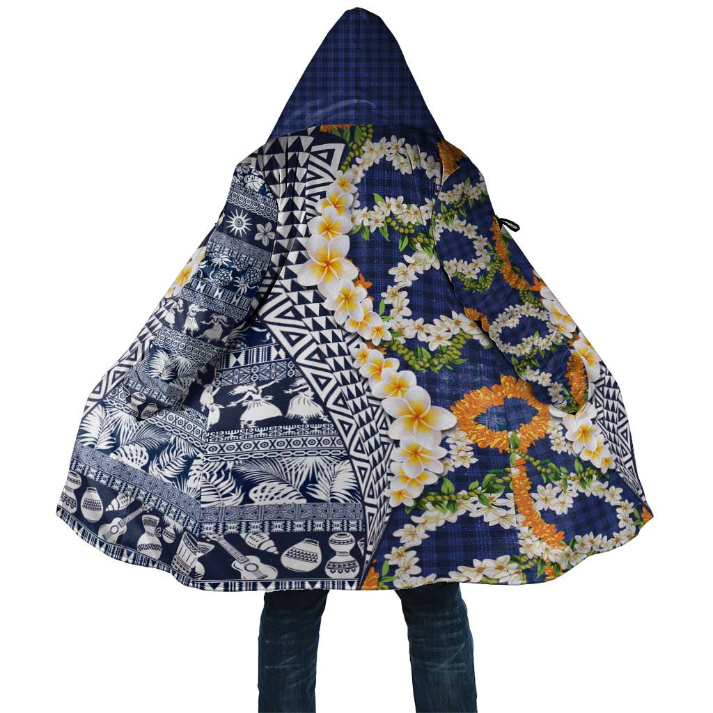 Hawaiian Plumeria Lei Cloak Kakau Motifs and Palaka Half Style Blue Color LT03 Unisex Blue - Polynesian Pride