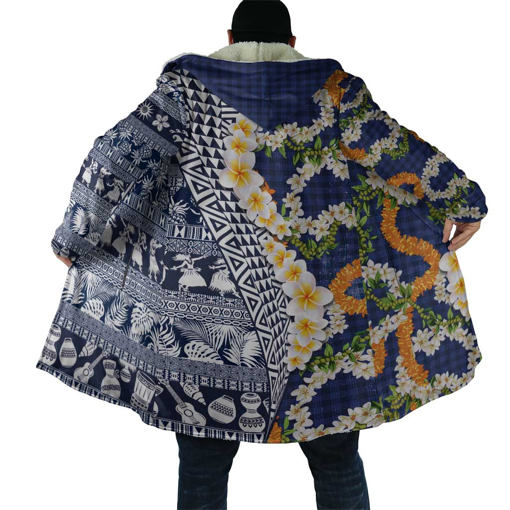 Hawaiian Plumeria Lei Cloak Kakau Motifs and Palaka Half Style Blue Color LT03 - Polynesian Pride