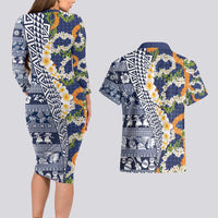 Hawaiian Plumeria Lei Couples Matching Long Sleeve Bodycon Dress and Hawaiian Shirt Kakau Motifs and Palaka Half Style Blue Color - Polynesian Pride
