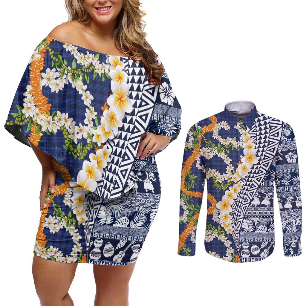 Hawaiian Plumeria Lei Couples Matching Off Shoulder Short Dress and Long Sleeve Button Shirt Kakau Motifs and Palaka Half Style Blue Color - Polynesian Pride