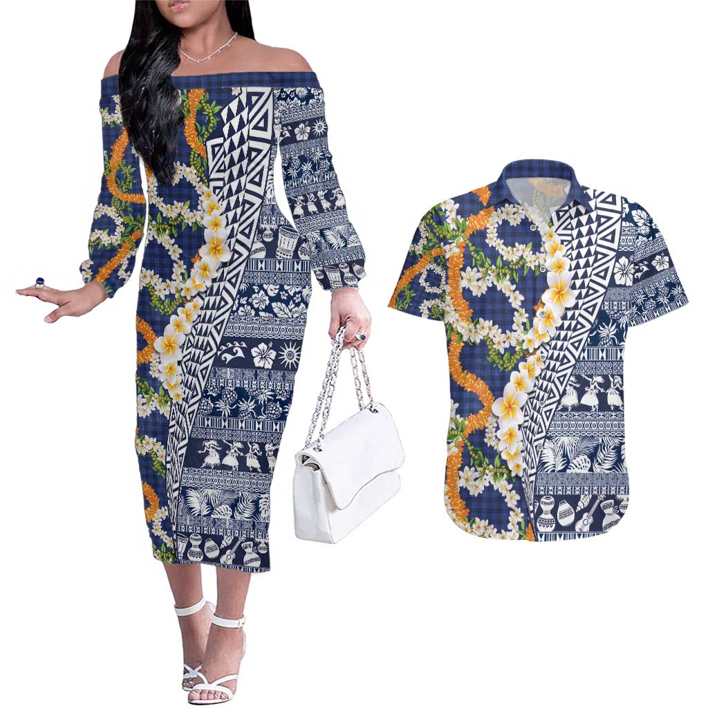 Hawaiian Plumeria Lei Couples Matching Off The Shoulder Long Sleeve Dress and Hawaiian Shirt Kakau Motifs and Palaka Half Style Blue Color - Polynesian Pride