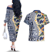 Hawaiian Plumeria Lei Couples Matching Off The Shoulder Long Sleeve Dress and Hawaiian Shirt Kakau Motifs and Palaka Half Style Blue Color - Polynesian Pride