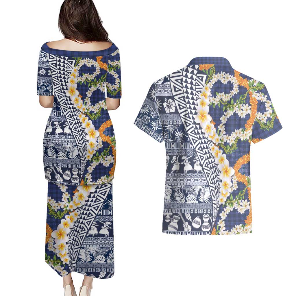 Hawaiian Plumeria Lei Couples Matching Puletasi and Hawaiian Shirt Kakau Motifs and Palaka Half Style Blue Color - Polynesian Pride
