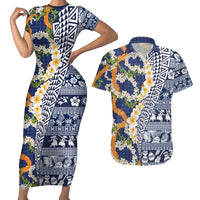 Hawaiian Plumeria Lei Couples Matching Short Sleeve Bodycon Dress and Hawaiian Shirt Kakau Motifs and Palaka Half Style Blue Color - Polynesian Pride