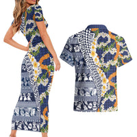 Hawaiian Plumeria Lei Couples Matching Short Sleeve Bodycon Dress and Hawaiian Shirt Kakau Motifs and Palaka Half Style Blue Color - Polynesian Pride