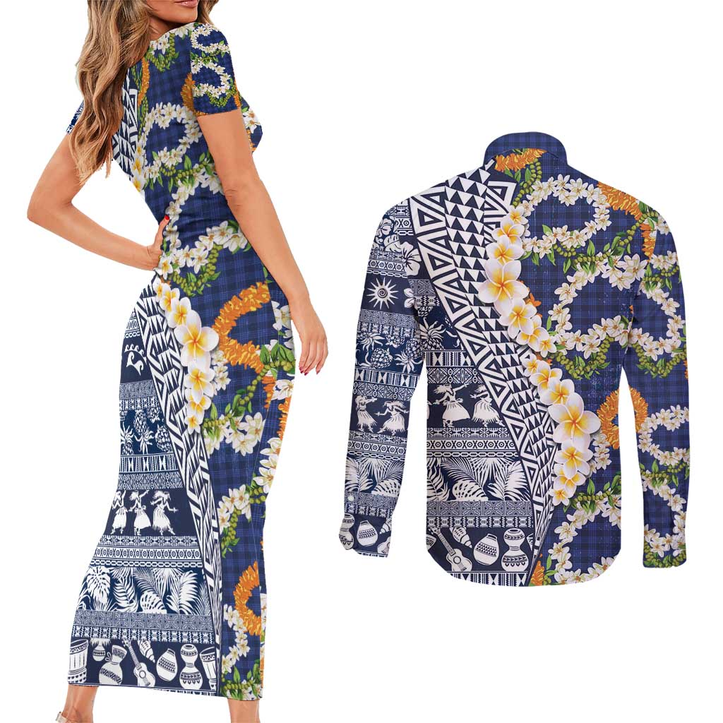 Hawaiian Plumeria Lei Couples Matching Short Sleeve Bodycon Dress and Long Sleeve Button Shirt Kakau Motifs and Palaka Half Style Blue Color - Polynesian Pride
