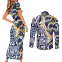 Hawaiian Plumeria Lei Couples Matching Short Sleeve Bodycon Dress and Long Sleeve Button Shirt Kakau Motifs and Palaka Half Style Blue Color - Polynesian Pride