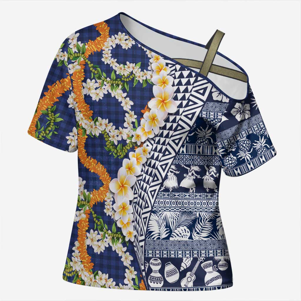 Hawaiian Plumeria Lei Cross Shoulder Shirt Kakau Motifs and Palaka Half Style Blue Color LT03 Female Blue - Polynesian Pride