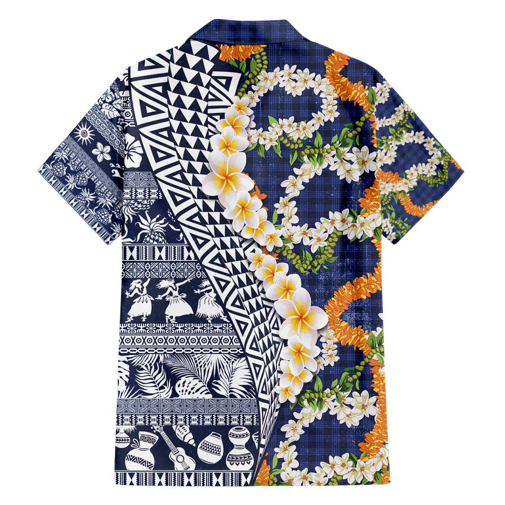 Hawaiian Plumeria Lei Family Matching Long Sleeve Bodycon Dress and Hawaiian Shirt Kakau Motifs and Palaka Half Style Blue Color - Polynesian Pride