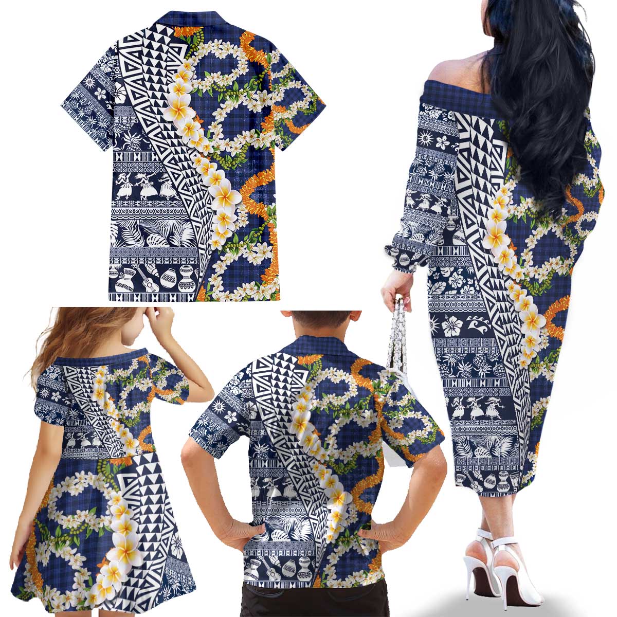 Hawaiian Plumeria Lei Family Matching Off The Shoulder Long Sleeve Dress and Hawaiian Shirt Kakau Motifs and Palaka Half Style Blue Color - Polynesian Pride
