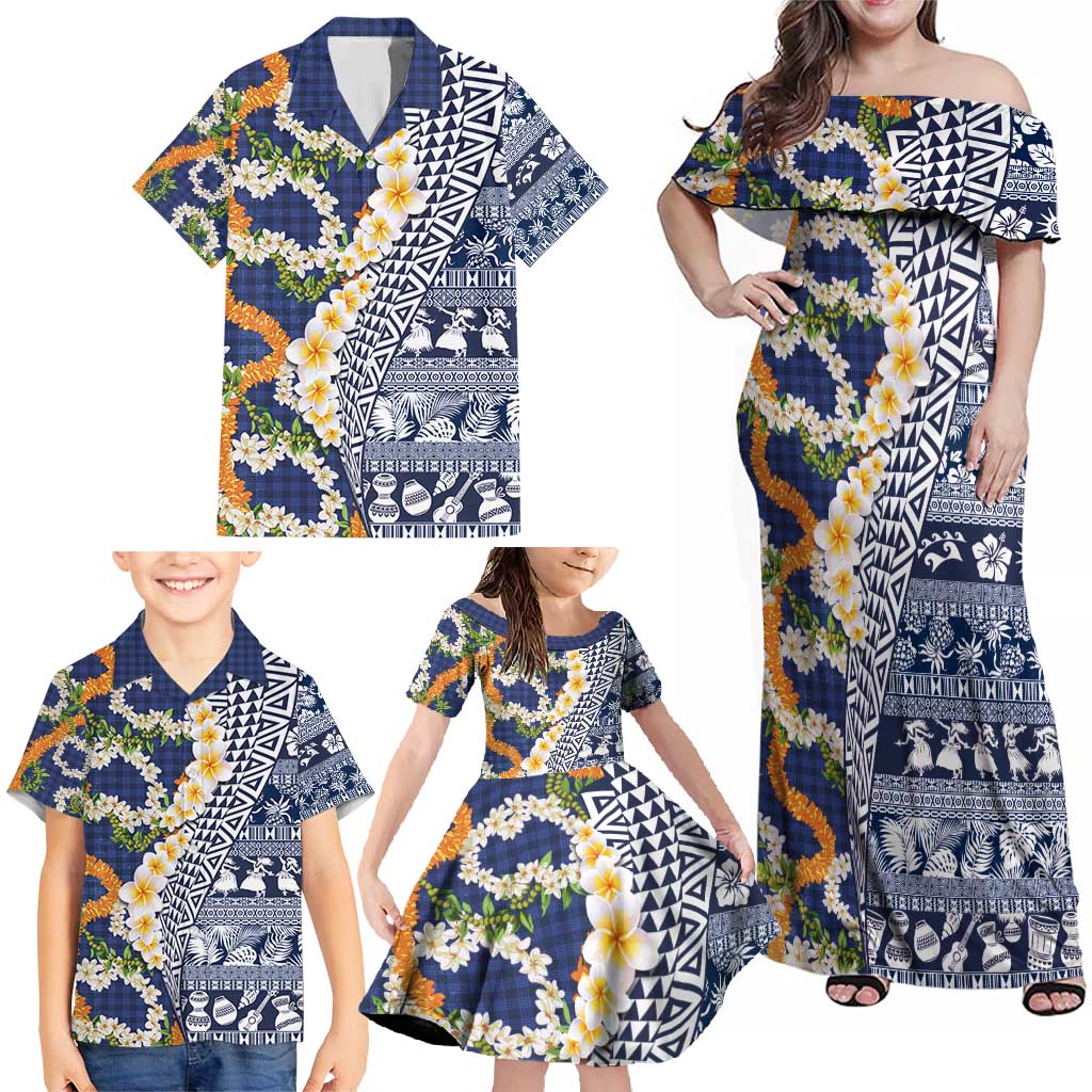 Hawaiian Plumeria Lei Family Matching Off Shoulder Maxi Dress and Hawaiian Shirt Kakau Motifs and Palaka Half Style Blue Color - Polynesian Pride
