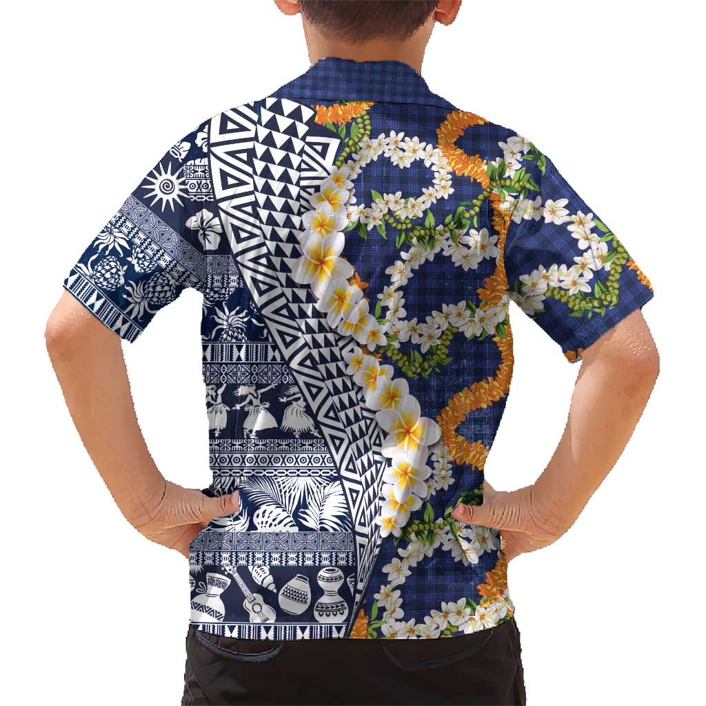 Hawaiian Plumeria Lei Family Matching Puletasi and Hawaiian Shirt Kakau Motifs and Palaka Half Style Blue Color - Polynesian Pride