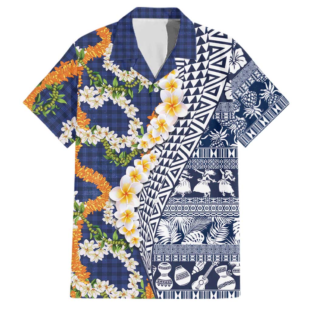 Hawaiian Plumeria Lei Family Matching Puletasi and Hawaiian Shirt Kakau Motifs and Palaka Half Style Blue Color - Polynesian Pride