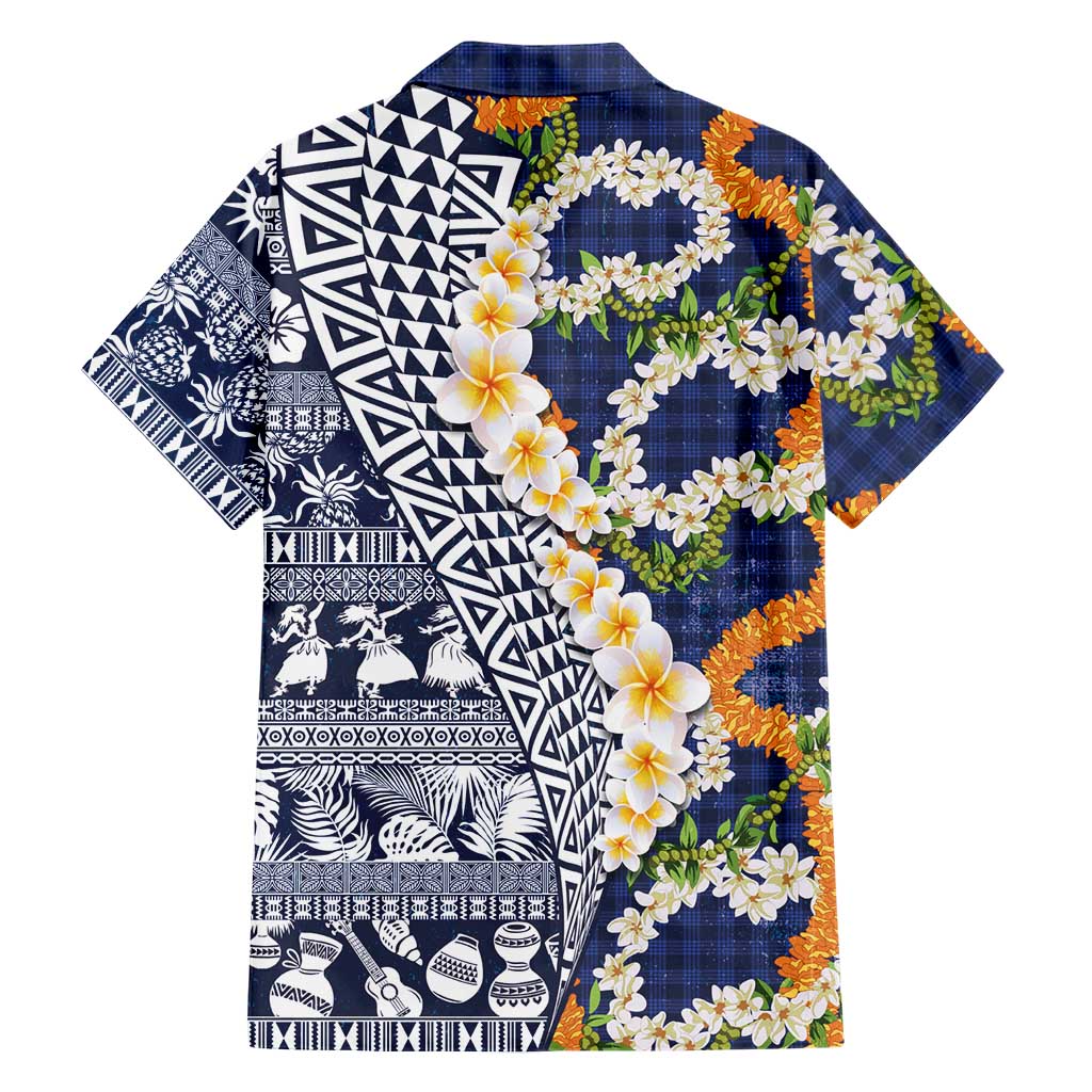 Hawaiian Plumeria Lei Family Matching Puletasi and Hawaiian Shirt Kakau Motifs and Palaka Half Style Blue Color - Polynesian Pride