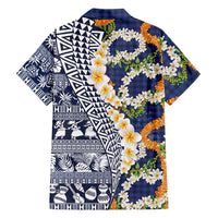 Hawaiian Plumeria Lei Family Matching Puletasi and Hawaiian Shirt Kakau Motifs and Palaka Half Style Blue Color - Polynesian Pride