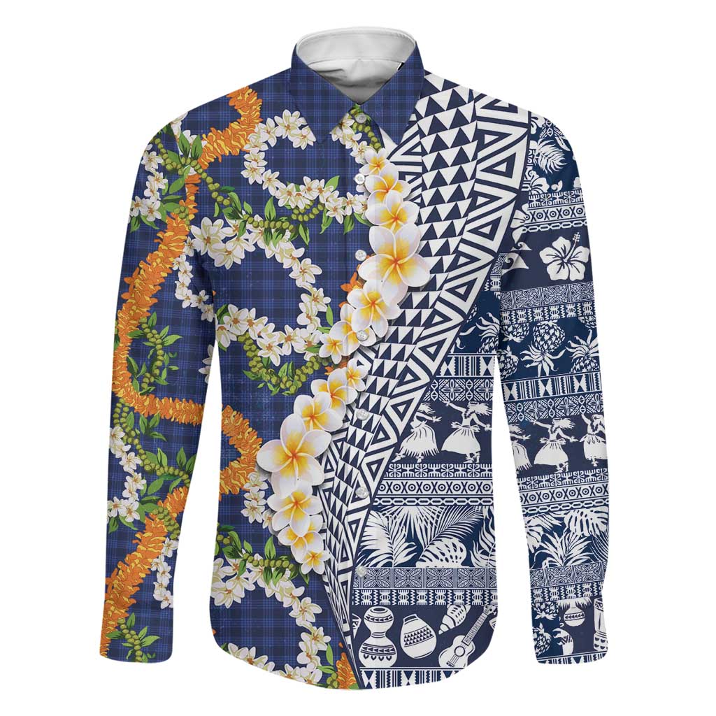 Hawaiian Plumeria Lei Family Matching Puletasi and Hawaiian Shirt Kakau Motifs and Palaka Half Style Blue Color - Polynesian Pride