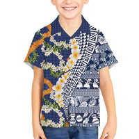 Hawaiian Plumeria Lei Family Matching Puletasi and Hawaiian Shirt Kakau Motifs and Palaka Half Style Blue Color - Polynesian Pride
