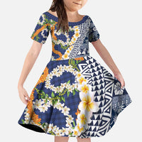 Hawaiian Plumeria Lei Family Matching Short Sleeve Bodycon Dress and Hawaiian Shirt Kakau Motifs and Palaka Half Style Blue Color - Polynesian Pride