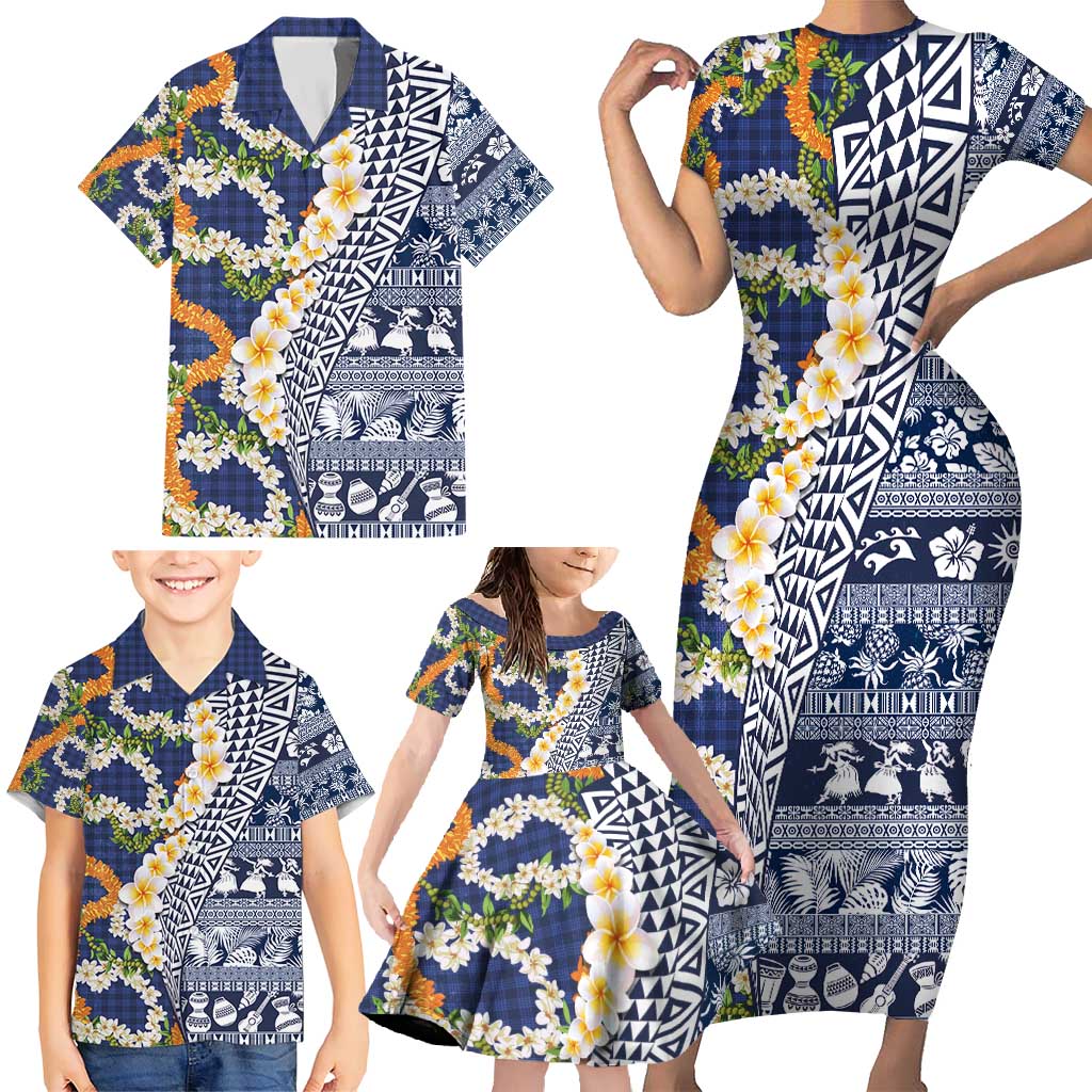Hawaiian Plumeria Lei Family Matching Short Sleeve Bodycon Dress and Hawaiian Shirt Kakau Motifs and Palaka Half Style Blue Color - Polynesian Pride