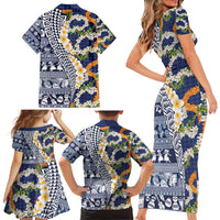 Hawaiian Plumeria Lei Family Matching Short Sleeve Bodycon Dress and Hawaiian Shirt Kakau Motifs and Palaka Half Style Blue Color - Polynesian Pride