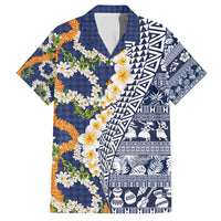 Hawaiian Plumeria Lei Family Matching Short Sleeve Bodycon Dress and Hawaiian Shirt Kakau Motifs and Palaka Half Style Blue Color - Polynesian Pride