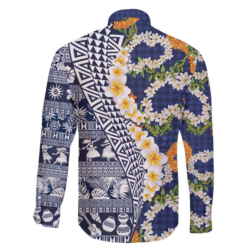 Hawaiian Plumeria Lei Family Matching Summer Maxi Dress and Hawaiian Shirt Kakau Motifs and Palaka Half Style Blue Color - Polynesian Pride