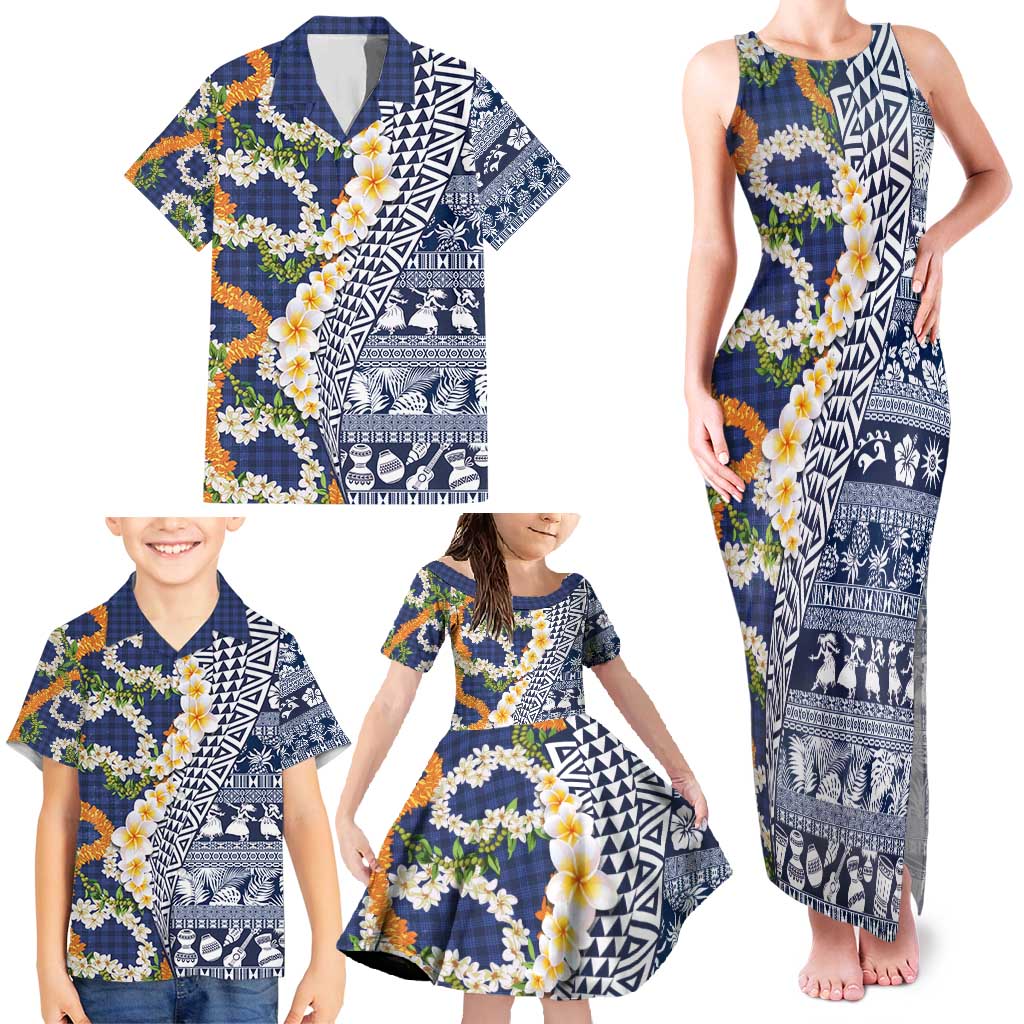 Hawaiian Plumeria Lei Family Matching Tank Maxi Dress and Hawaiian Shirt Kakau Motifs and Palaka Half Style Blue Color - Polynesian Pride