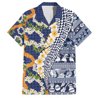 Hawaiian Plumeria Lei Family Matching Tank Maxi Dress and Hawaiian Shirt Kakau Motifs and Palaka Half Style Blue Color - Polynesian Pride