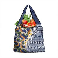 Hawaiian Plumeria Lei Grocery Bag Kakau Motifs and Palaka Half Style Blue Color - Polynesian Pride