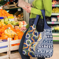 Hawaiian Plumeria Lei Grocery Bag Kakau Motifs and Palaka Half Style Blue Color - Polynesian Pride