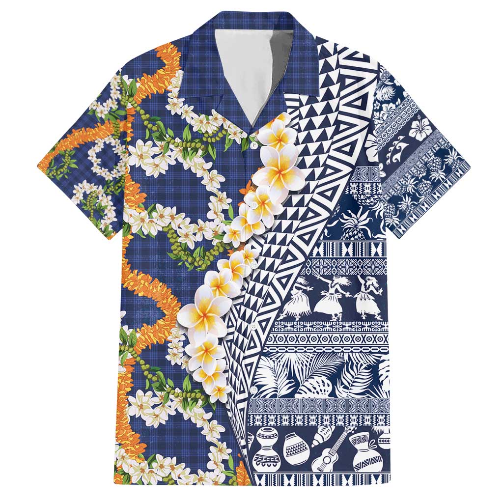 Hawaiian Plumeria Lei Hawaiian Shirt Kakau Motifs and Palaka Half Style Blue Color - Polynesian Pride