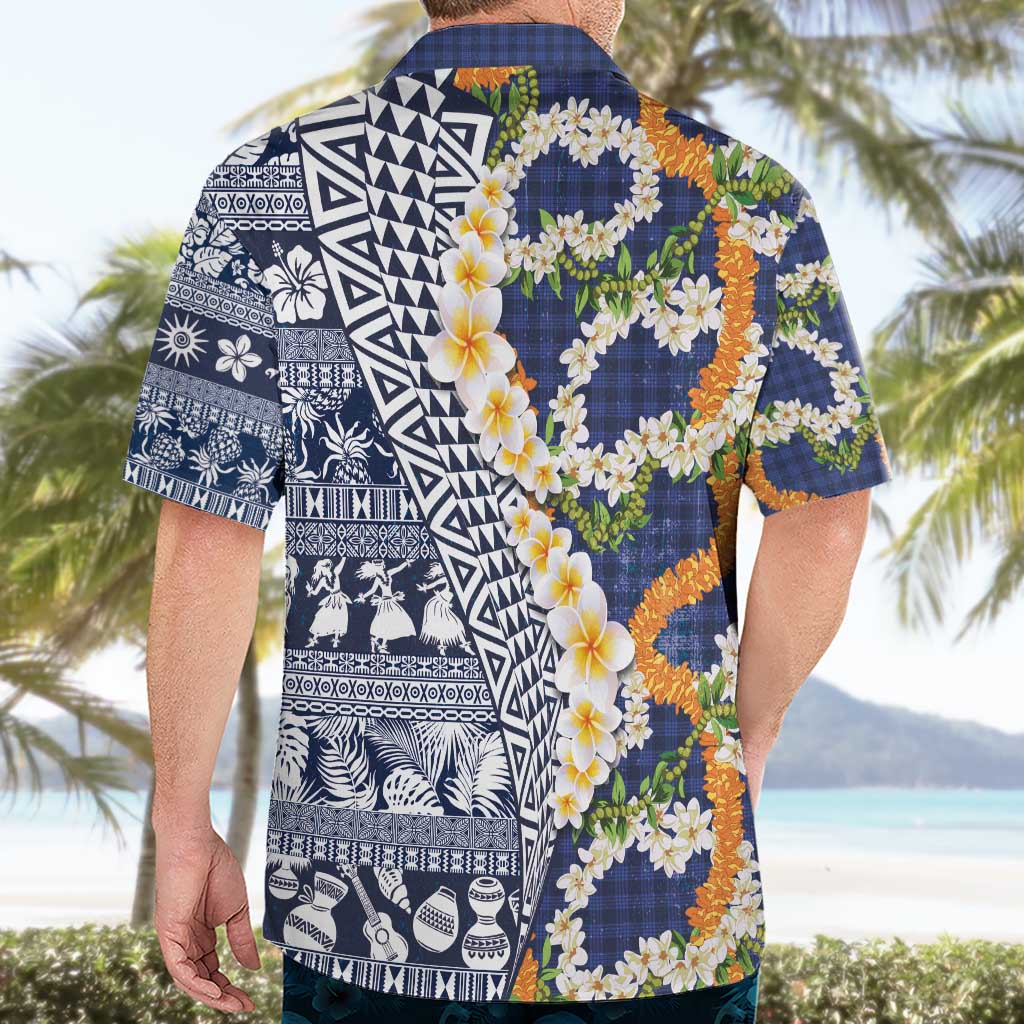 Hawaiian Plumeria Lei Hawaiian Shirt Kakau Motifs and Palaka Half Style Blue Color - Polynesian Pride