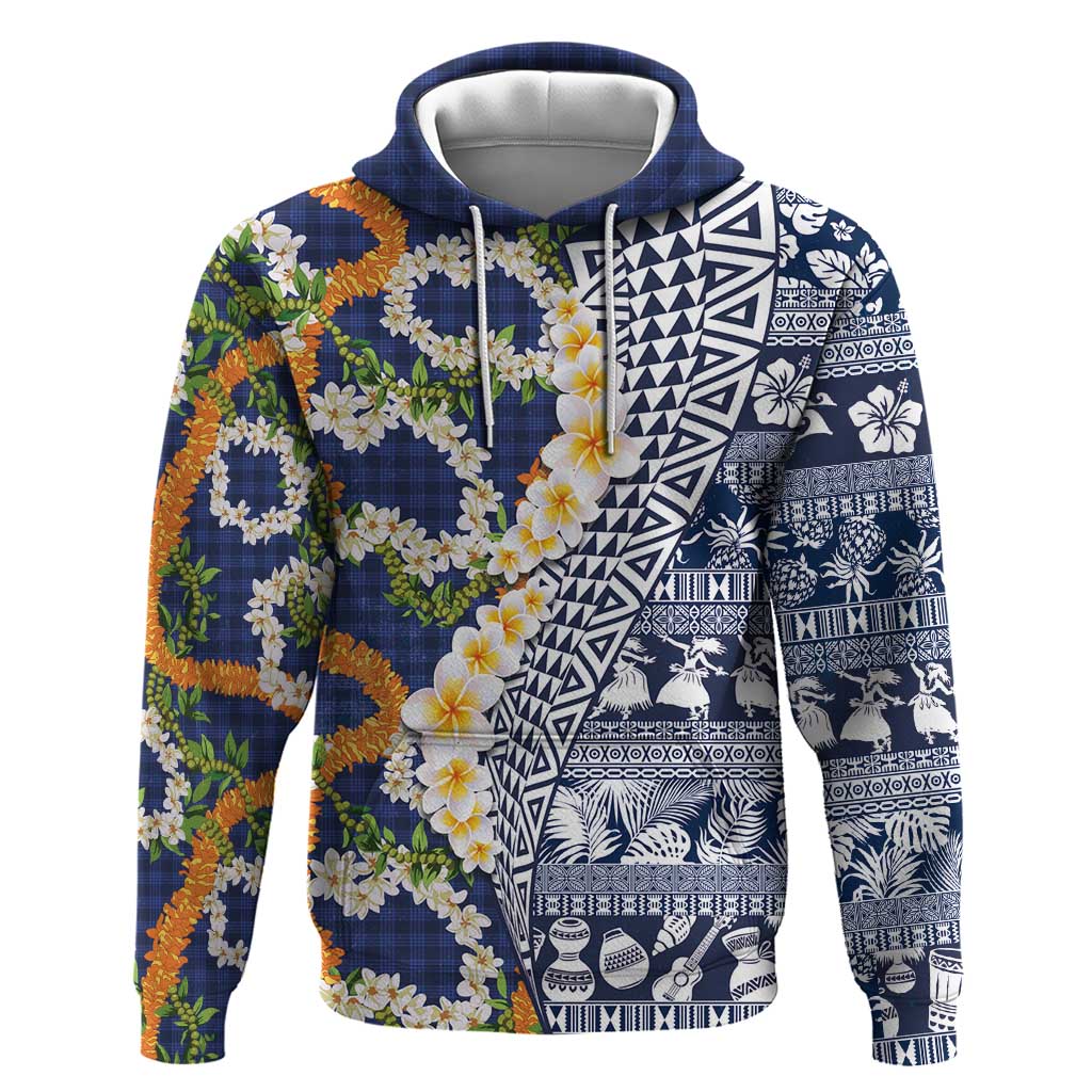 Hawaiian Plumeria Lei Hoodie Kakau Motifs and Palaka Half Style Blue Color - Polynesian Pride