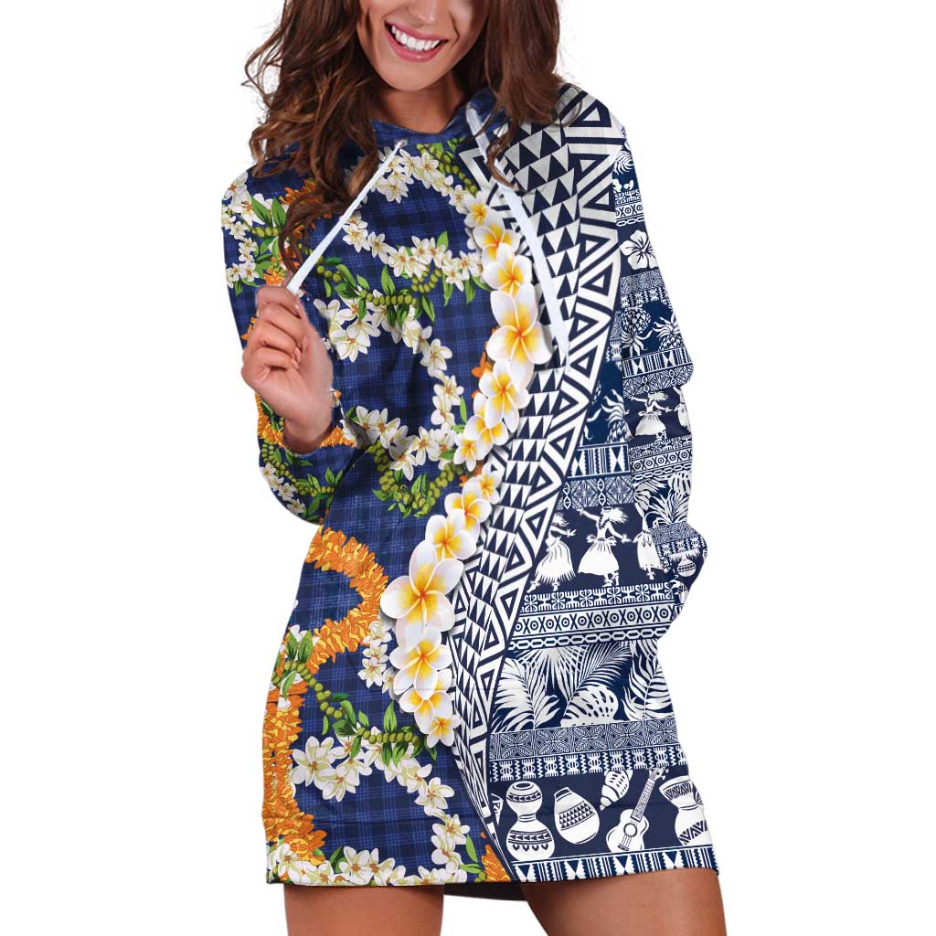 Hawaiian Plumeria Lei Hoodie Dress Kakau Motifs and Palaka Half Style Blue Color - Polynesian Pride