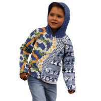 Hawaiian Plumeria Lei Kid Hoodie Kakau Motifs and Palaka Half Style Blue Color - Polynesian Pride