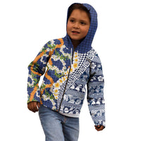 Hawaiian Plumeria Lei Kid Hoodie Kakau Motifs and Palaka Half Style Blue Color - Polynesian Pride