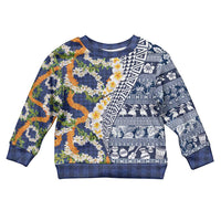 Hawaiian Plumeria Lei Kid Ugly Christmas Sweater Kakau Motifs and Palaka Half Style Blue Color - Polynesian Pride
