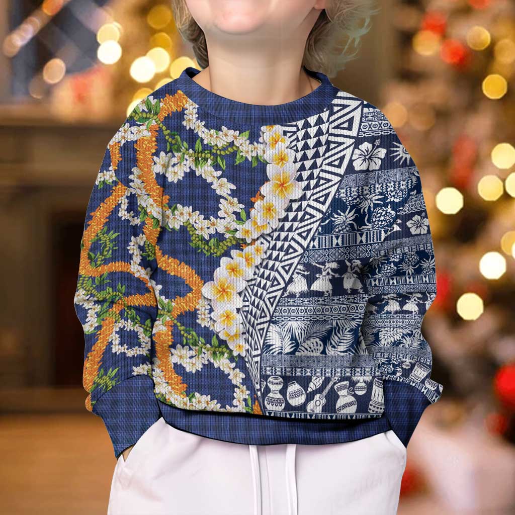 Hawaiian Plumeria Lei Kid Ugly Christmas Sweater Kakau Motifs and Palaka Half Style Blue Color - Polynesian Pride