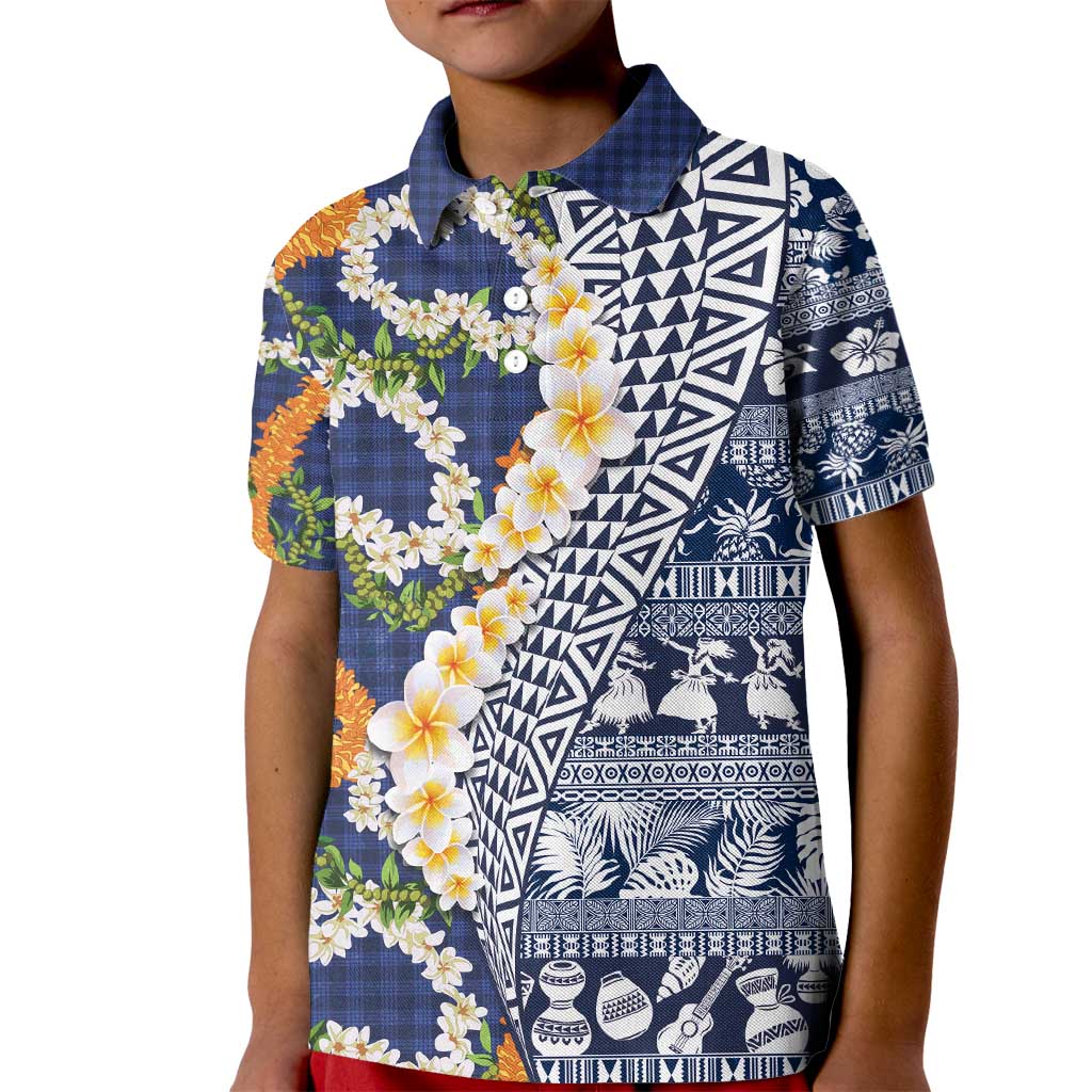 Hawaiian Plumeria Lei Kid Polo Shirt Kakau Motifs and Palaka Half Style Blue Color - Polynesian Pride
